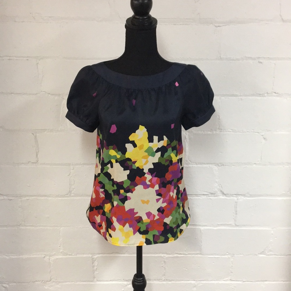 Theory Mahiro Navy Pixel Floral Top